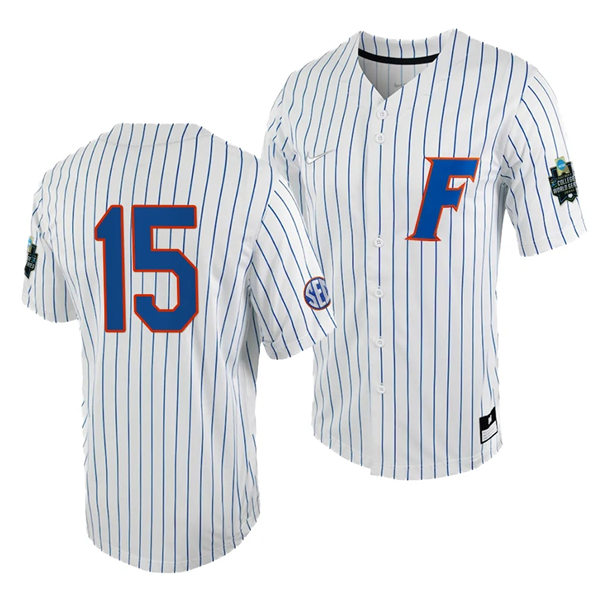 Mens Youth Florida Gators #15 BT Riopelle Nike White Pinstripe 2023 College Baseball World Series Jersey(1)