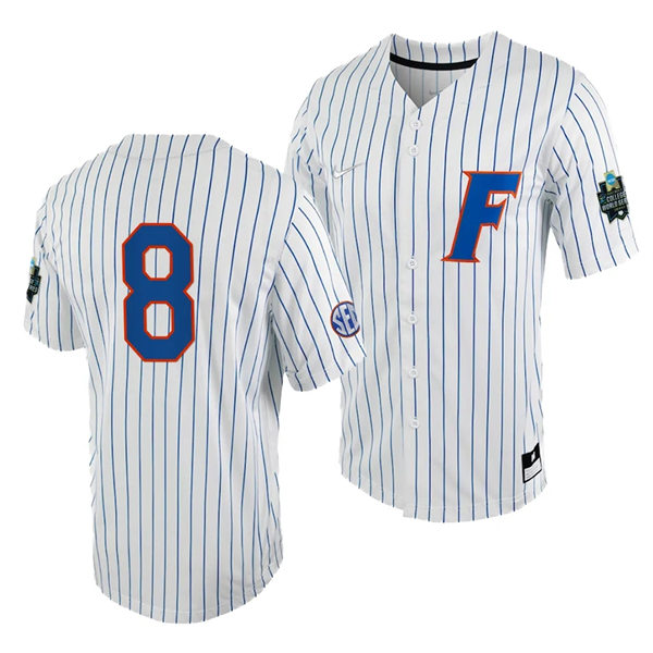 Mens Youth Florida Gators #8 Brandon Sproat Nike White Pinstripe 2023 College Baseball World Series Jersey