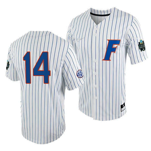 Mens Youth Florida Gators #14 Jac Caglianone Nike White Pinstripe 2023 College Baseball World Series Jersey