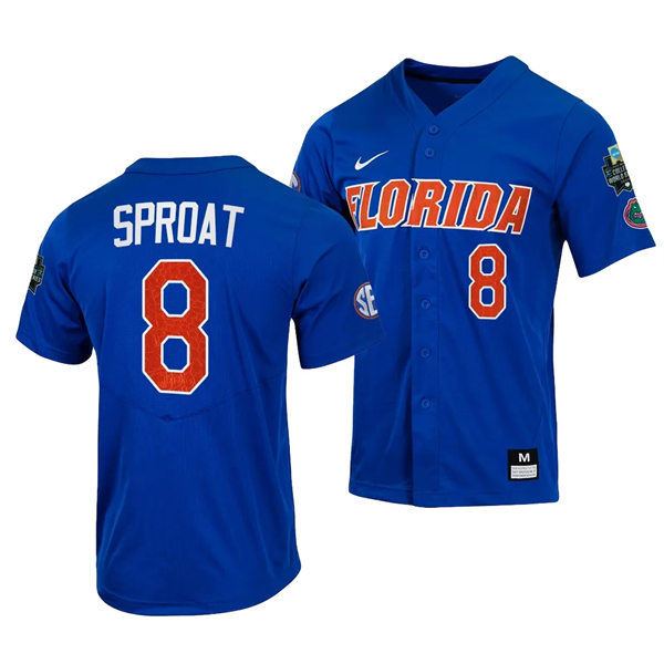Mens Youth Florida Gators #8 Brandon Sproat 2023 College Baseball World Series Jersey  Nike Royal with name