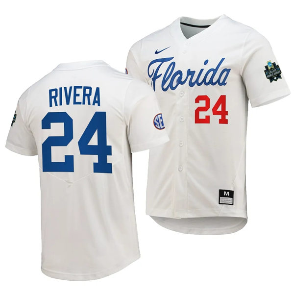 Mens Youth Florida Gators #24 Josh Rivera Nike White with Name 2023 College Baseball World Series Jersey