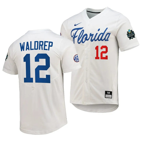 Mens Youth Florida Gators #12 Hurston Waldrep Nike White with Name 2023 College Baseball World Series Jersey