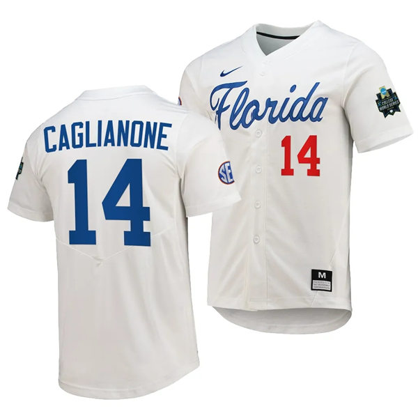 Mens Youth Florida Gators #14 Jac Caglianone Nike White with Name 2023 College Baseball World Series Jersey)
