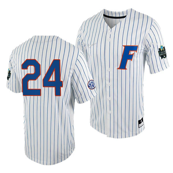 Mens Youth Florida Gators #24 Josh Rivera Nike White Pinstripe 2023 College Baseball World Series Jersey (1)