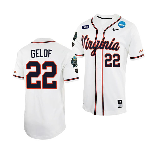 Mens Youth Virginia Cavaliers #22 Jake Gelof Nike White with stripe 2023 College Baseball World Series Jersey