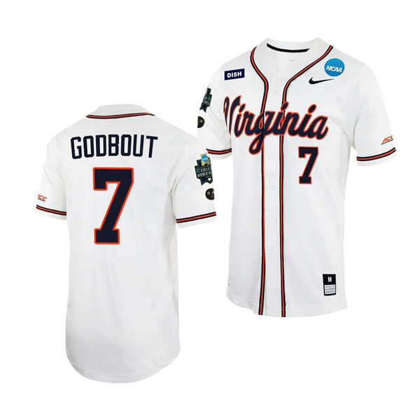 Mens Youth Virginia Cavaliers #7 Henry Godbout Nike White with stripe 2023 College Baseball World Series Jersey