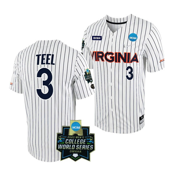 Mens Youth Virginia Cavaliers  #3 Kyle Teel  Nike White Pinstripe 2023 College Baseball World Series Jersey