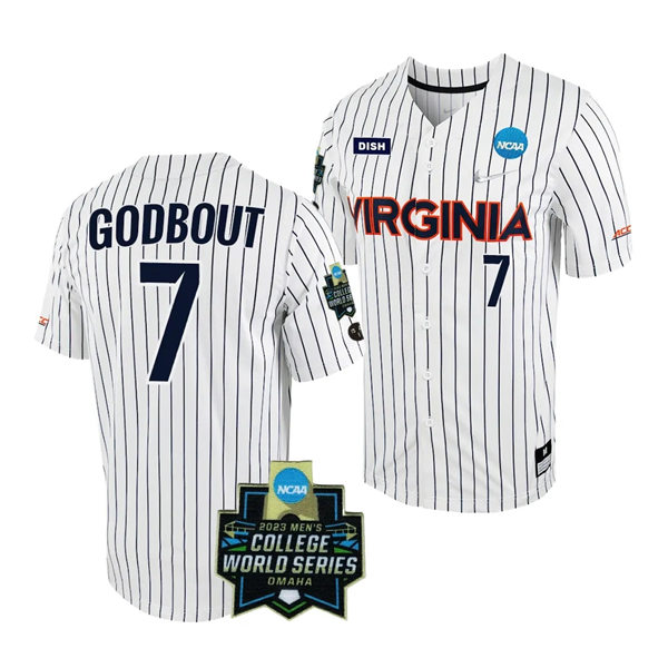 Mens Youth Virginia Cavaliers #7 Henry Godbout Nike White Pinstripe 2023 College Baseball World Series Jersey