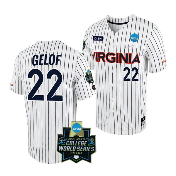 Mens Youth Virginia Cavaliers #22 Jake Gelof  Nike White Pinstripe 2023 College Baseball World Series Jersey