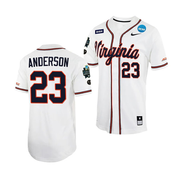 Mens Youth Virginia Cavaliers #23 Ethan Anderson Nike White with stripe 2023 College Baseball World Series Jersey