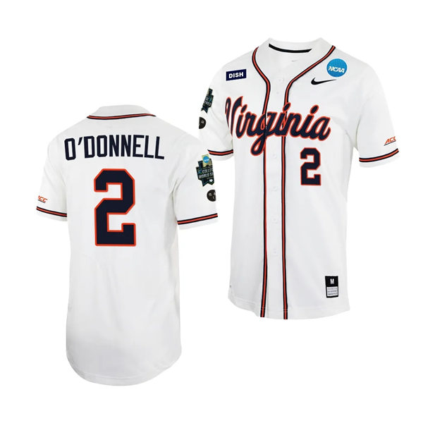 Mens Youth Virginia Cavaliers #2 Ethan O'Donnell Nike White with stripe 2023 College Baseball World Series Jersey