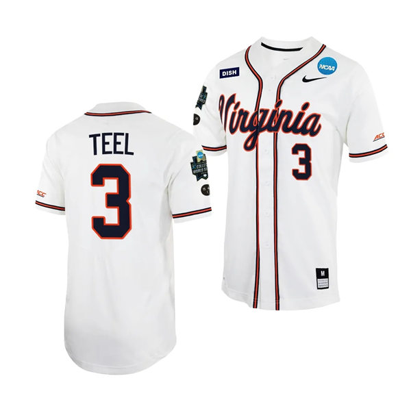 Mens Youth Virginia Cavaliers  #3 Kyle Teel Nike White with stripe 2023 College Baseball World Series Jersey
