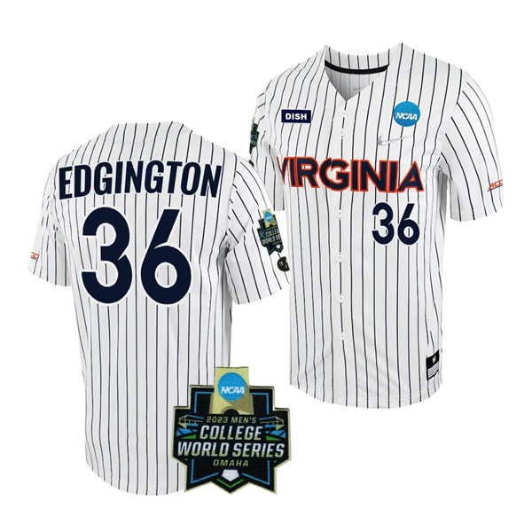 Mens Youth Virginia Cavaliers #36 Brian Edgington Nike White Pinstripe 2023 College Baseball World Series Jersey
