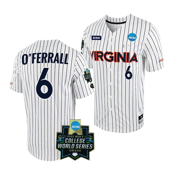 Mens Youth Virginia Cavaliers #6 Griff O'Ferrall Nike White Pinstripe 2023 College Baseball World Series Jersey