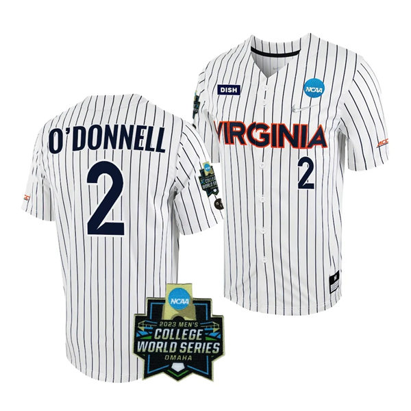 Mens Youth Virginia Cavaliers #2 Ethan O'Donnell Nike White Pinstripe 2023 College Baseball World Series Jersey