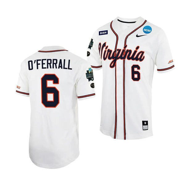 Mens Youth Virginia Cavaliers #6 Griff O'Ferrall Nike White with stripe 2023 College Baseball World Series Jersey