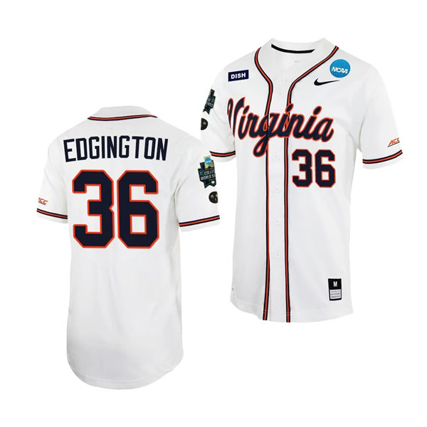 Mens Youth Virginia Cavaliers #36 Brian Edgington Nike White with stripe 2023 College Baseball World Series Jersey