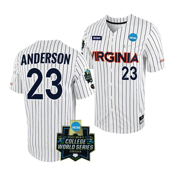 Mens Youth Virginia Cavaliers #23 Ethan Anderson Nike White Pinstripe 2023 College Baseball World Series Jersey
