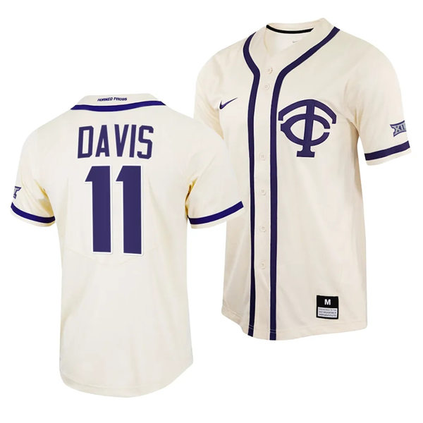 Mens Youth TCU Horned Frogs #11 Austin Davis Nike Cream TC Baseball Game Jersey