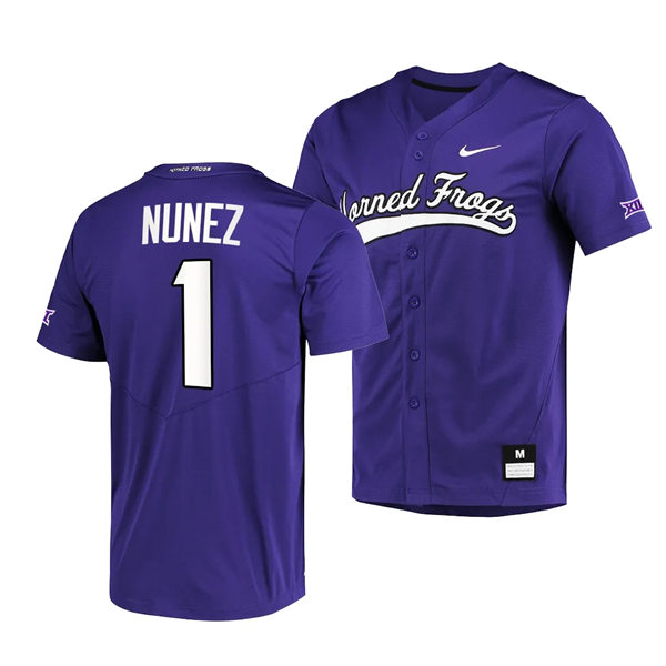 Mens Youth TCU Horned Frogs #1 Elijah Nunez Nike Purple Horned Frogs Baseball Game Jersey 