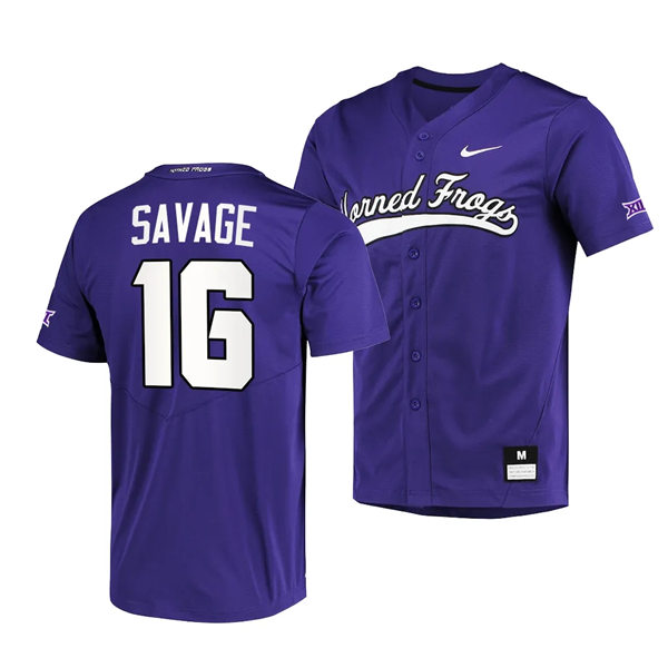Mens Youth TCU Horned Frogs #16 Luke Savage Nike Purple Horned Frogs Baseball Game Jersey