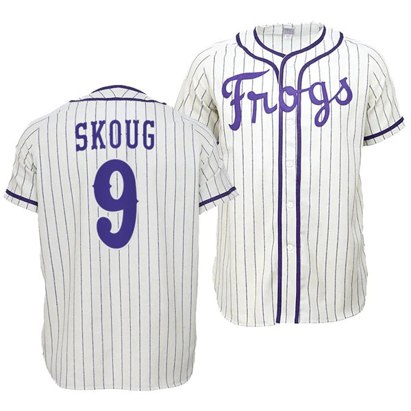Mens Youth TCU Horned Frogs #9 Evan Skoug Nike White Pinstripe Frogs Baseball Game Jersey