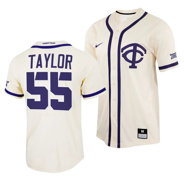 Mens Youth TCU Horned Frogs #55 Brayden Taylor Nike Cream TC Baseball Game Jersey