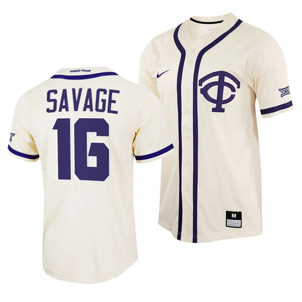 Mens Youth TCU Horned Frogs #16 Luke Savage Nike Cream TC Baseball Game Jersey