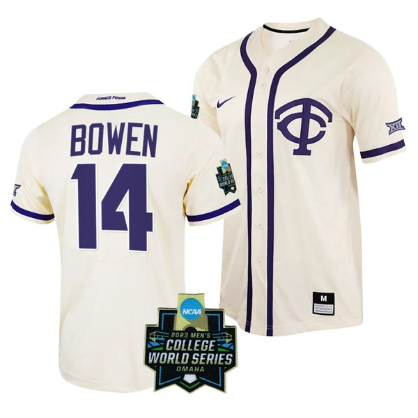 Mens Youth TCU Horned Frogs #14 Karson Bowen Nike Cream TC Baseball Game Jersey