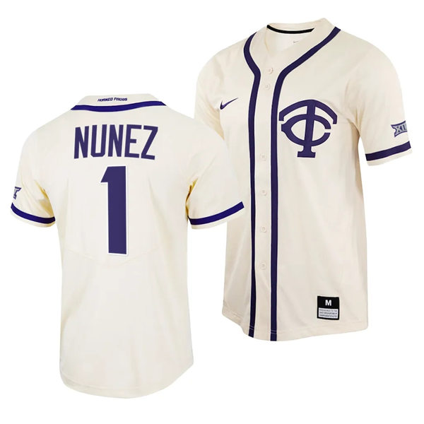 Mens Youth TCU Horned Frogs #1 Elijah Nunez Nike Cream TC Baseball Game Jersey