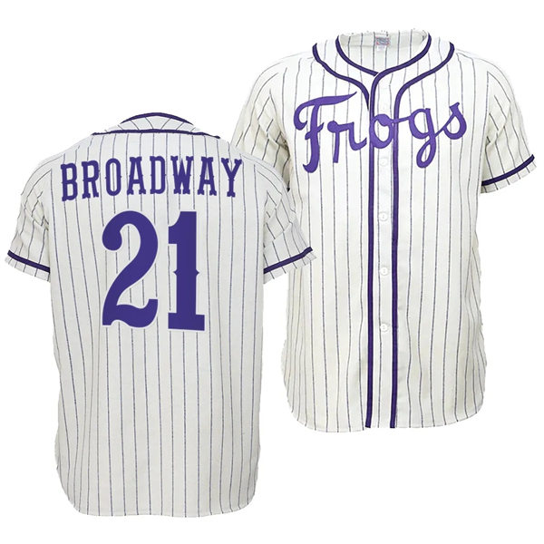 Mens Youth TCU Horned Frogs #21 Lance Broadway Nike White Pinstripe Frogs Baseball Game Jersey