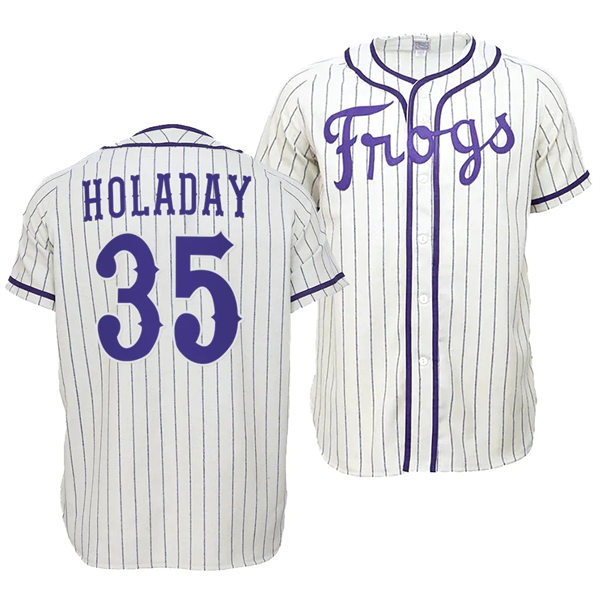 Mens Youth TCU Horned Frogs #35 Bryan Holaday Nike White Pinstripe Frogs Baseball Game Jersey 