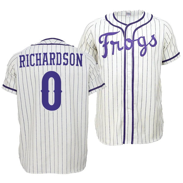 Mens Youth TCU Horned Frogs #0 Tre Richardson Nike White Pinstripe Frogs Baseball Game Jersey 