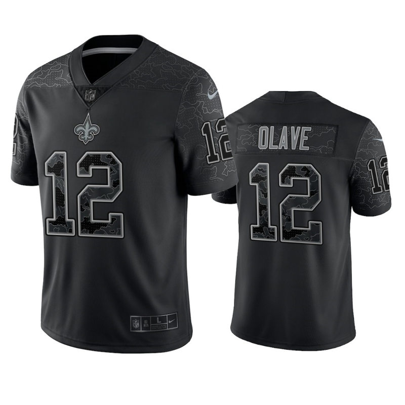 Mens New Orleans Saints #12 Chris Olave Black Reflective Limited Jersey