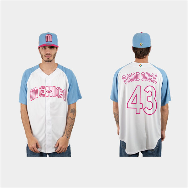 Mens Youth Mexico #43 Patrick Sandoval 2023 World Baseball Classic Jersey - White Pink