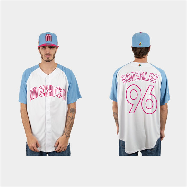 Mens Youth Mexico #96 Felipe Gonzalez 2023 World Baseball Classic Jersey - White Pink