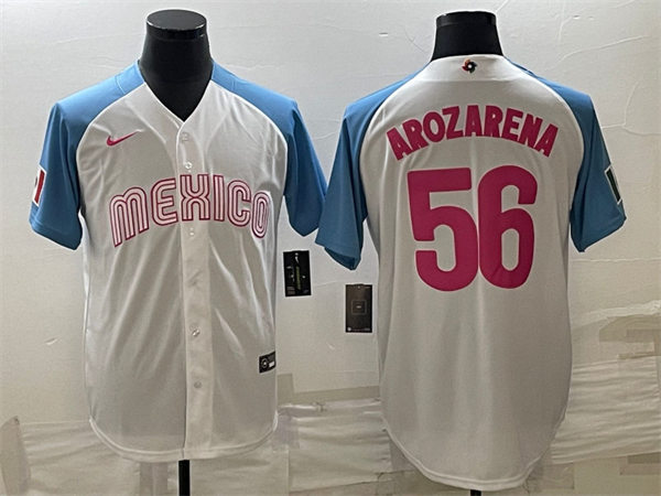 Mens Youth Mexico #56 Randy Arozarena White Pink 2023 World Baseball Classic Jersey