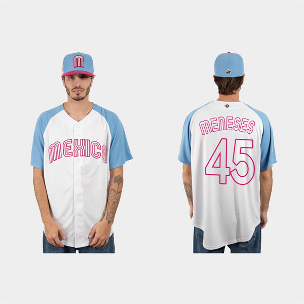 Mens Youth Mexico #45 Joey Meneses 2023 World Baseball Classic Jersey - White Pink