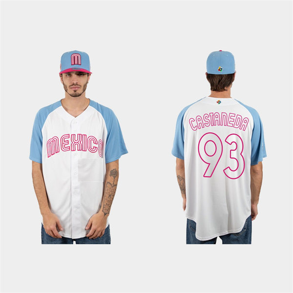Mens Youth Mexico #93 Victor Castaneda 2023 World Baseball Classic Jersey - White Pink
