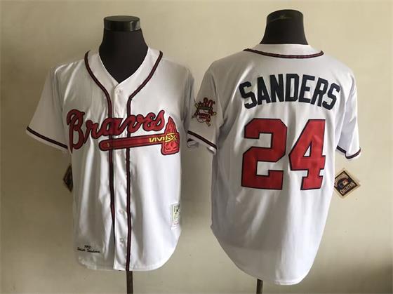 Men's Atlanta Braves Retired Player #24 Deion Sanders Home white Cooperstown Throwback Jersey