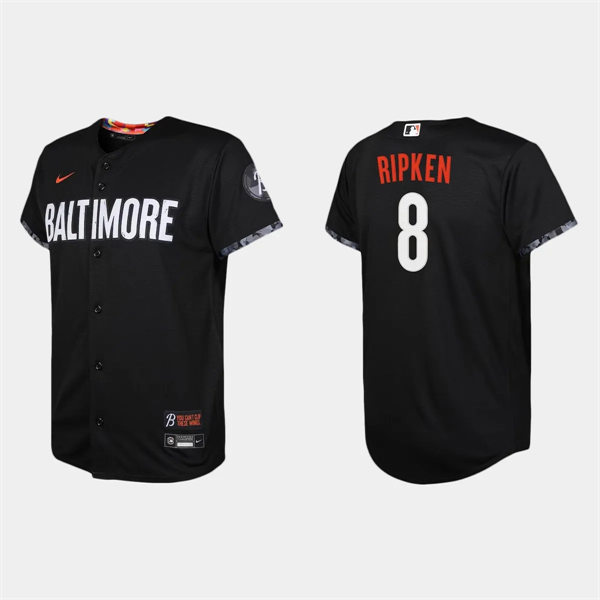 Youth Baltimore Orioles #8 Cal Ripken Black 2023 City Connect Replica Jersey