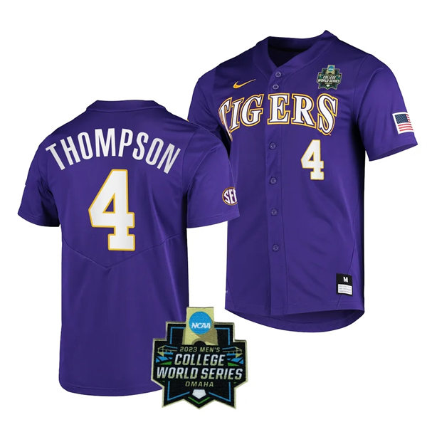 Mens Youth LSU Tigers #4 Jordan Thompson Purple 2023 College Baseball World Series Jersey