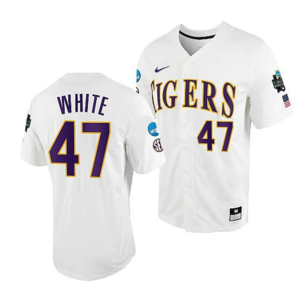 Mens Youth LSU Tigers #47 Tommy White White 2023 College Baseball World Series Jersey