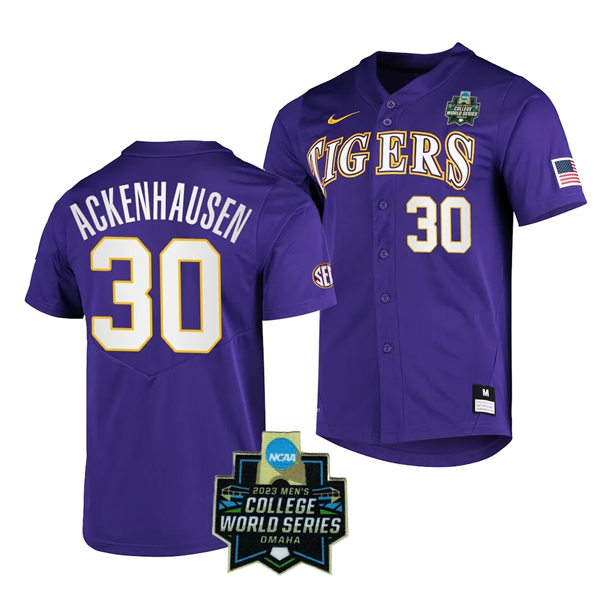 Mens Youth LSU Tigers #30 Nate Ackenhausen Purple 2023 College Baseball World Series Jersey