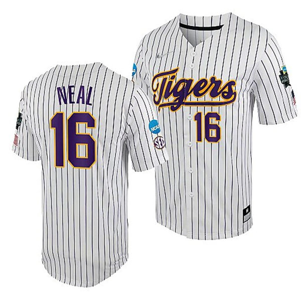 Mens Youth LSU Tigers #16 Brady Neal Nike White Pinstripe 2023 College Baseball World Series Jersey