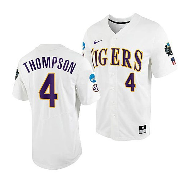 Mens Youth LSU Tigers #4 Jordan Thompson White 2023 College Baseball World Series Jersey