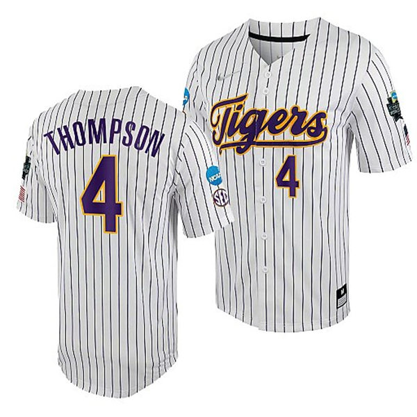 Mens Youth LSU Tigers #4 Jordan Thompson Nike White Pinstripe 2023 College Baseball World Series Jersey
