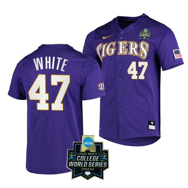 Mens Youth LSU Tigers #47 Tommy White Purple 2023 College Baseball World Series Jersey