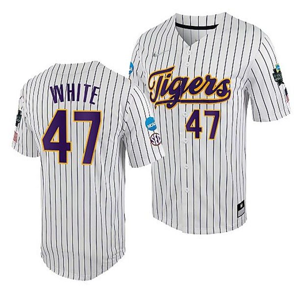 Mens Youth LSU Tigers #47 Tommy White Nike White Pinstripe 2023 College Baseball World Series Jersey