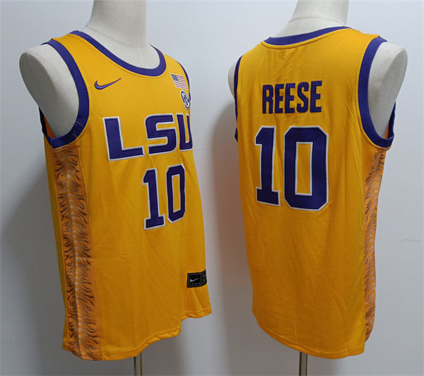 Mens LSU Tigers #10 Angel Reese 2022-23 Gold Basketball Game Jersey